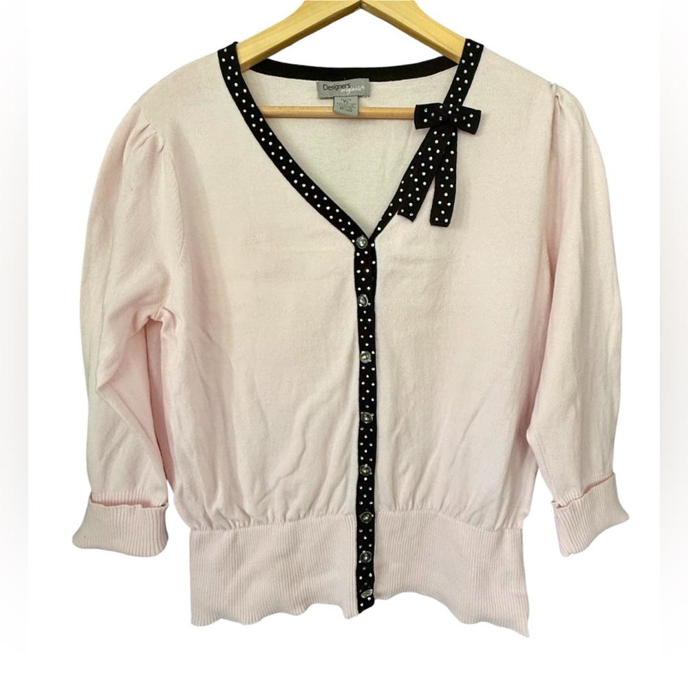 Designers Originals blush pink black button-down cardigan sweater polka dots bow